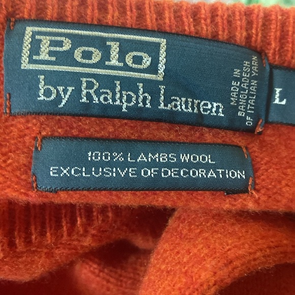 Polo Ralph Lauren 100% Lambswool V Neck Sweater Sz L Orange - Picture 3 of 4